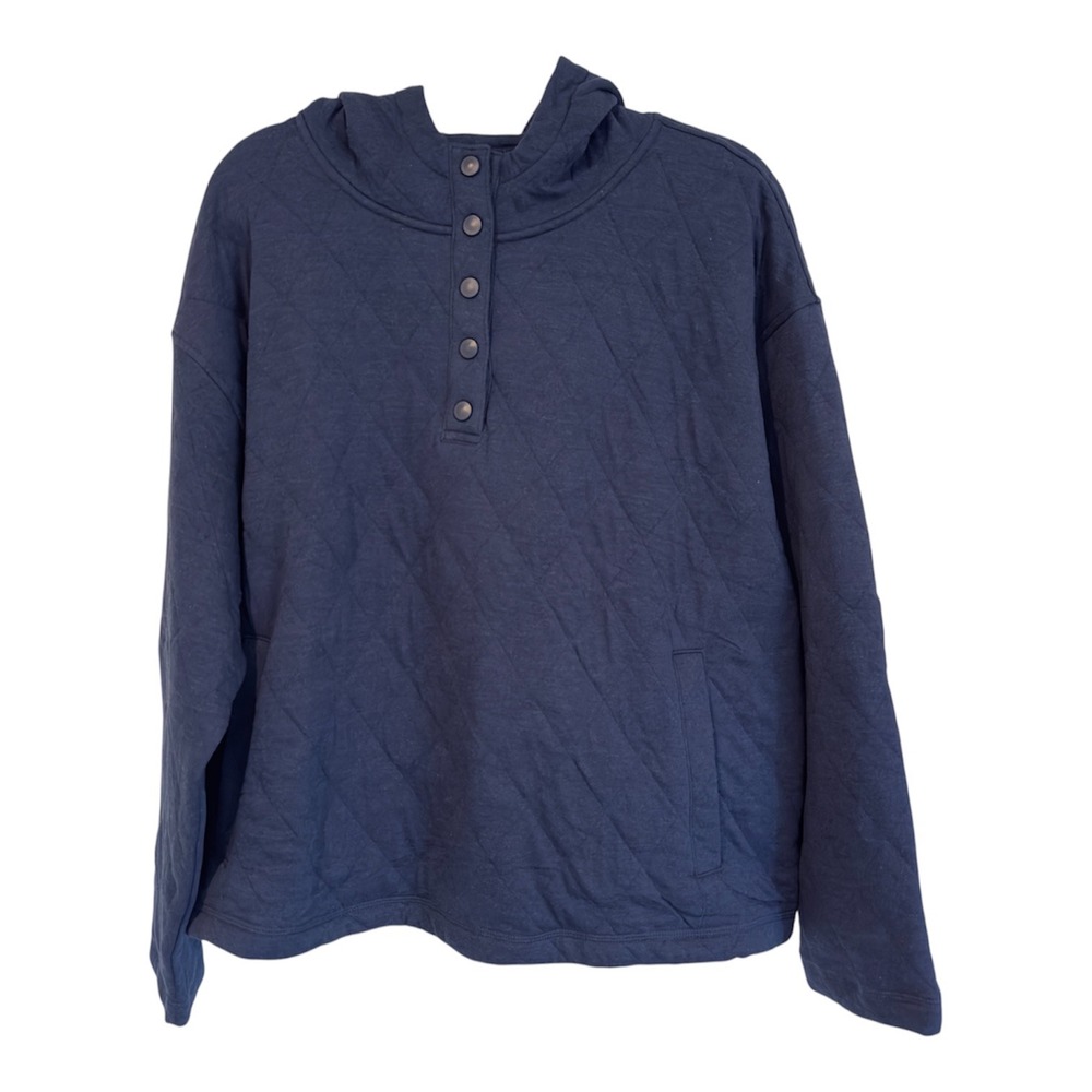Lands End Womens XXL Navy Blue Quilted Snap Neck Hoodie Pullover Sweatshirt